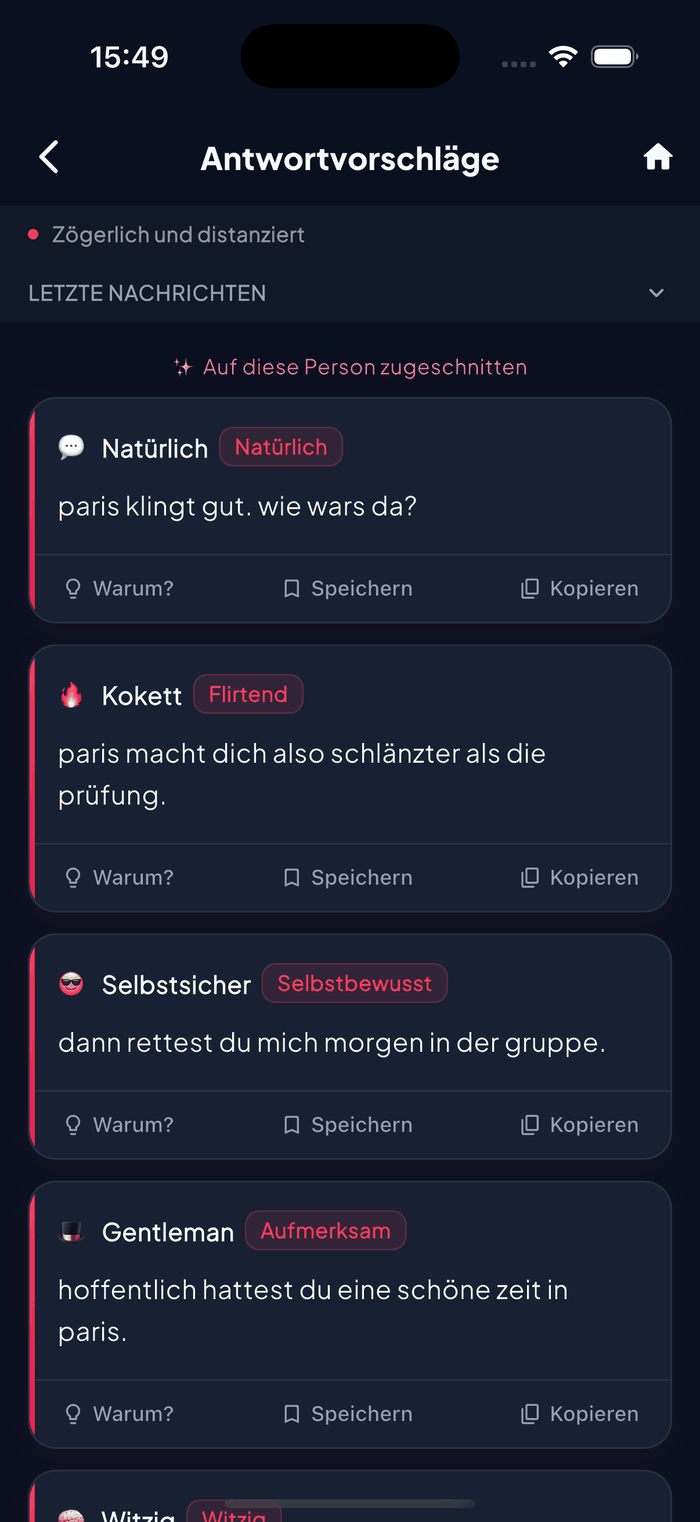 Aruvela KI-Antwortvorschläge mit tonangepassten Antworten auf ein Gespräch