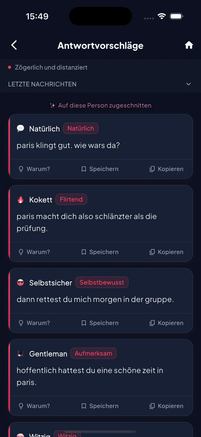 Aruvela KI-Antwortvorschläge mit tonangepassten Antworten auf ein Gespräch