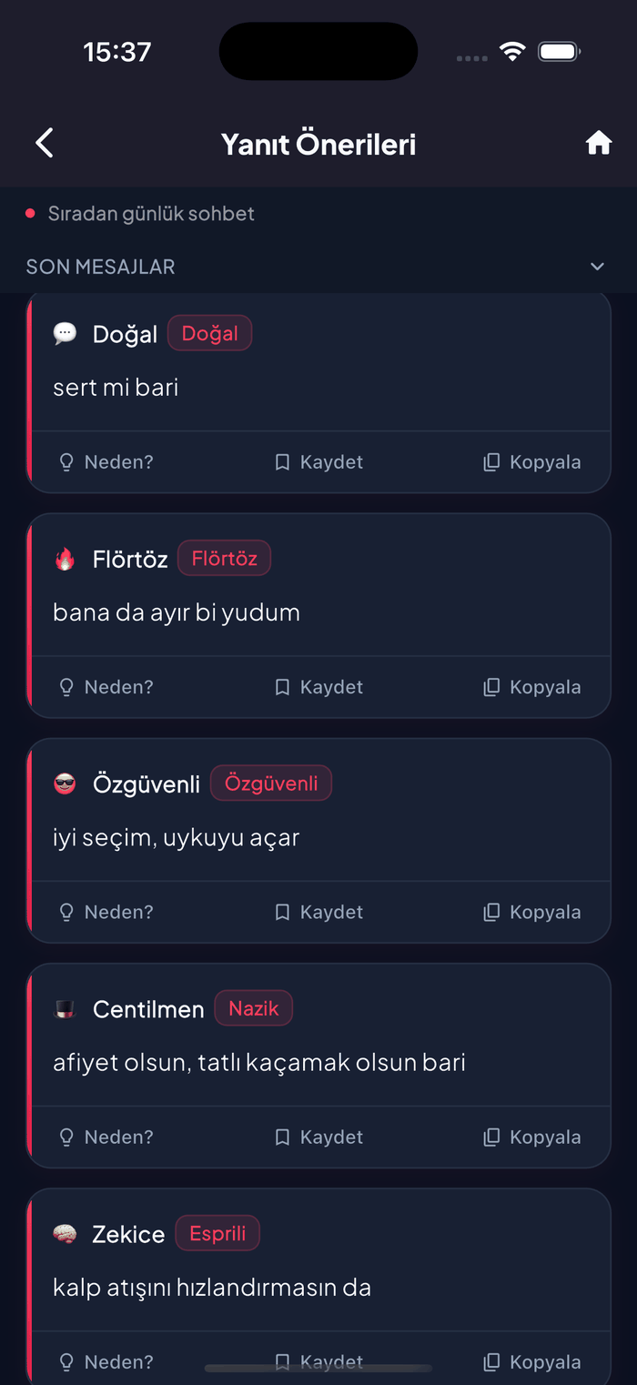 Bir konuşmaya ton uyumlu yanıtları gösteren Aruvela yapay zeka yanıt önerileri