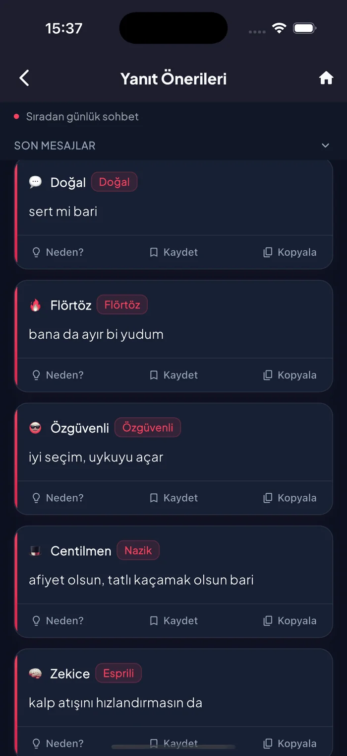 Bir konuşmaya ton uyumlu yanıtları gösteren Aruvela yapay zeka yanıt önerileri