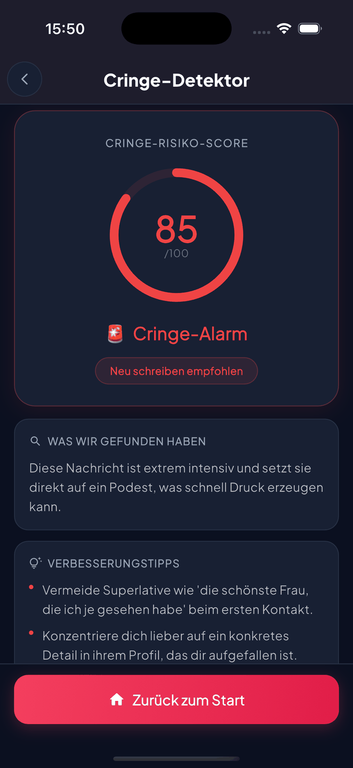 Aruvela Cringe-Detektor mit Cringe-Risiko-Score und Vorschlägen zur Nachrichtenüberarbeitung