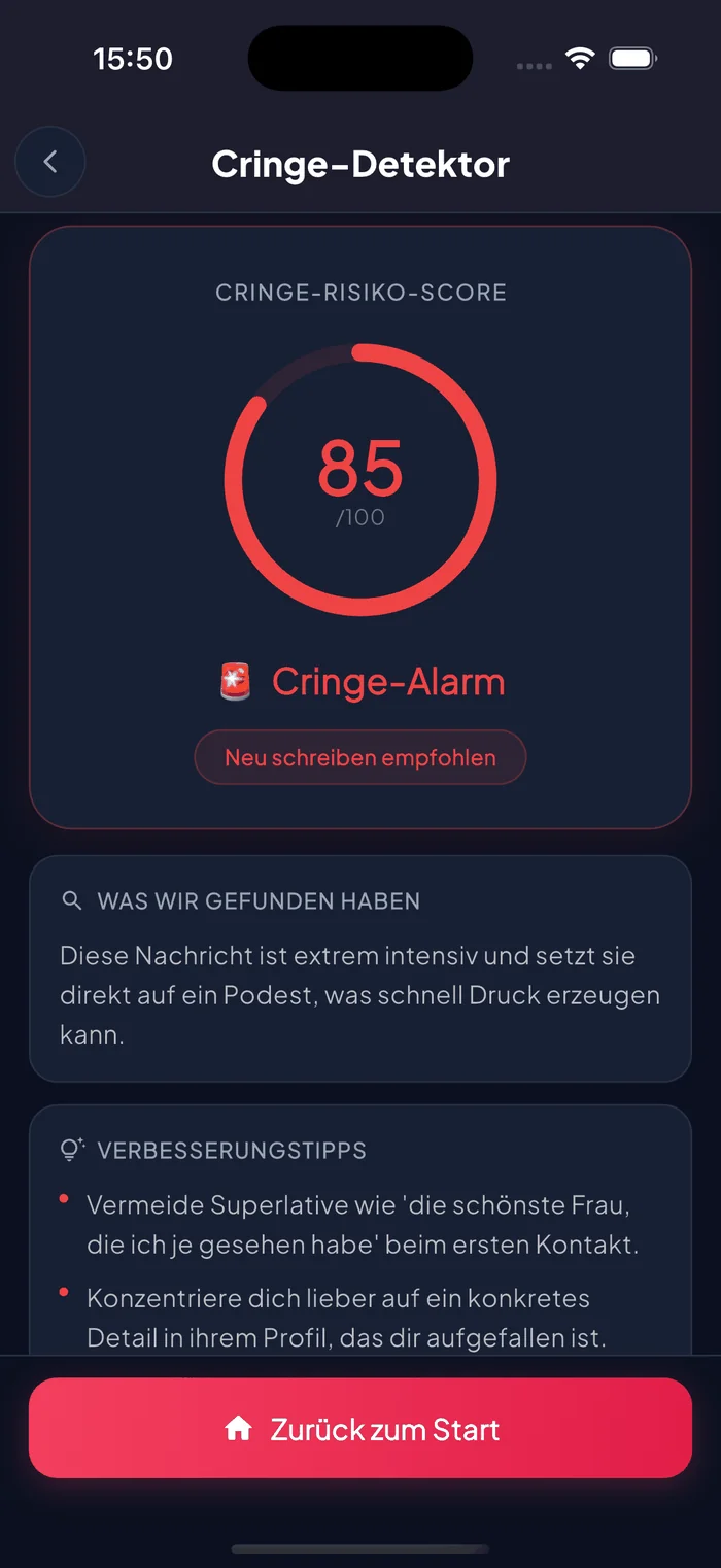Aruvela Cringe-Detektor mit Cringe-Risiko-Score und Vorschlägen zur Nachrichtenüberarbeitung