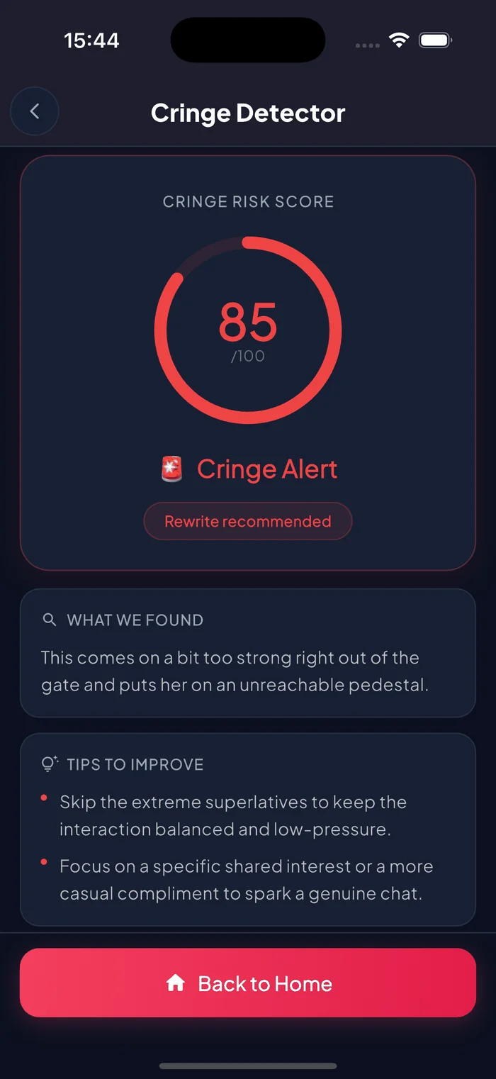 Aruvela Cringe Detector showing a cringe risk score and message rewrite suggestions