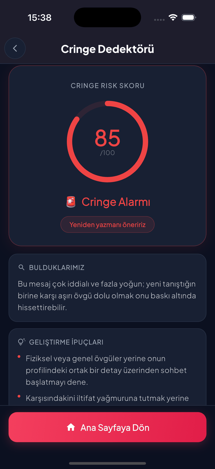 Cringe risk puanını ve mesaj yeniden yazım önerilerini gösteren Aruvela Cringe Dedektörü