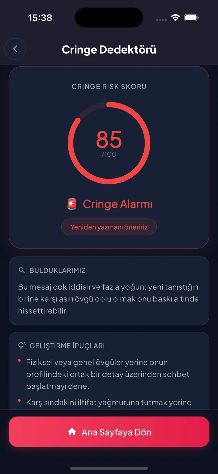 Cringe risk puanını ve mesaj yeniden yazım önerilerini gösteren Aruvela Cringe Dedektörü