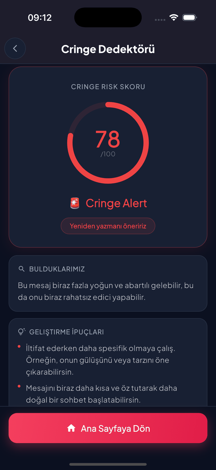 Aruvela Cringe Detector showing a cringe risk score and message rewrite suggestions