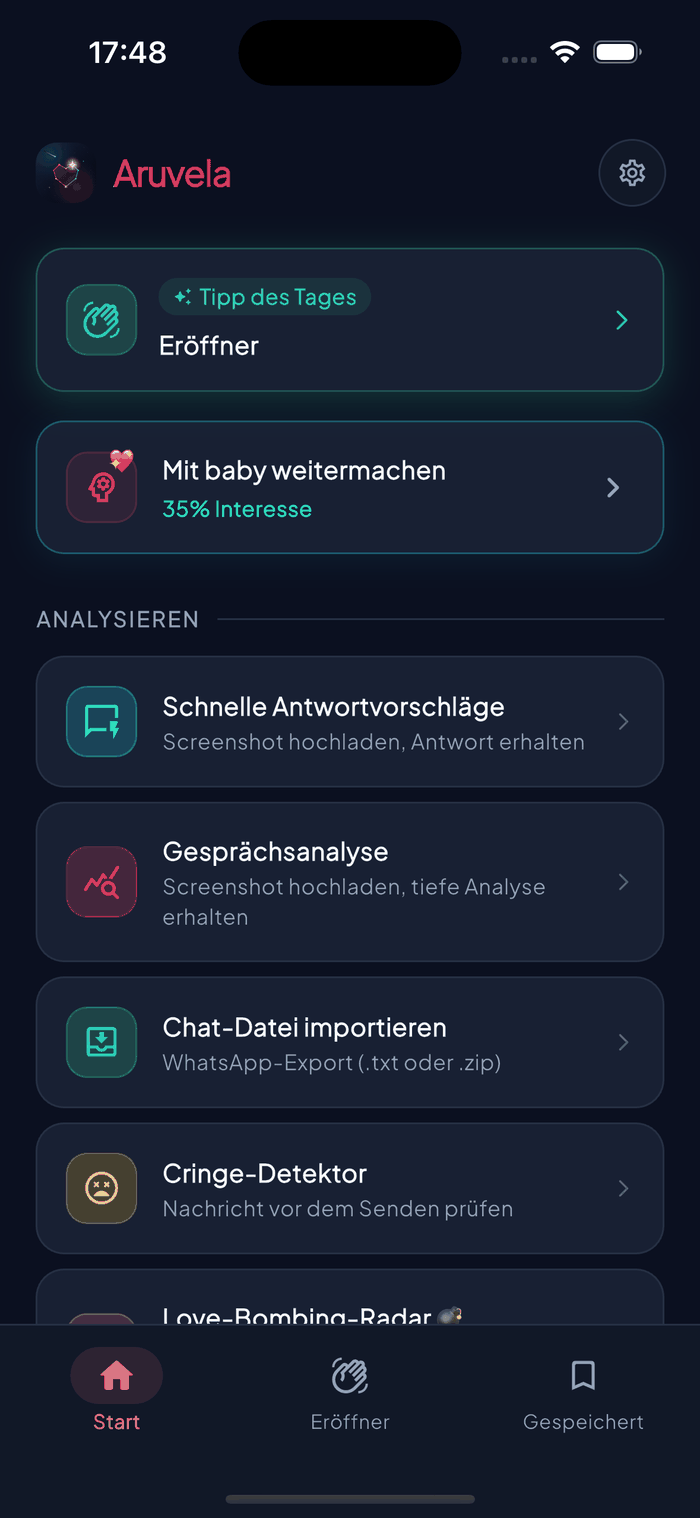 Aruvela Startbildschirm mit Schnellantwort, Gesprächsanalyse, Cringe-Detektor und Love-Bombing-Radar