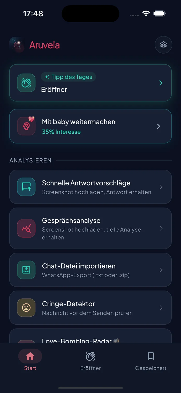 Aruvela Startbildschirm mit Schnellantwort, Gesprächsanalyse, Cringe-Detektor und Love-Bombing-Radar