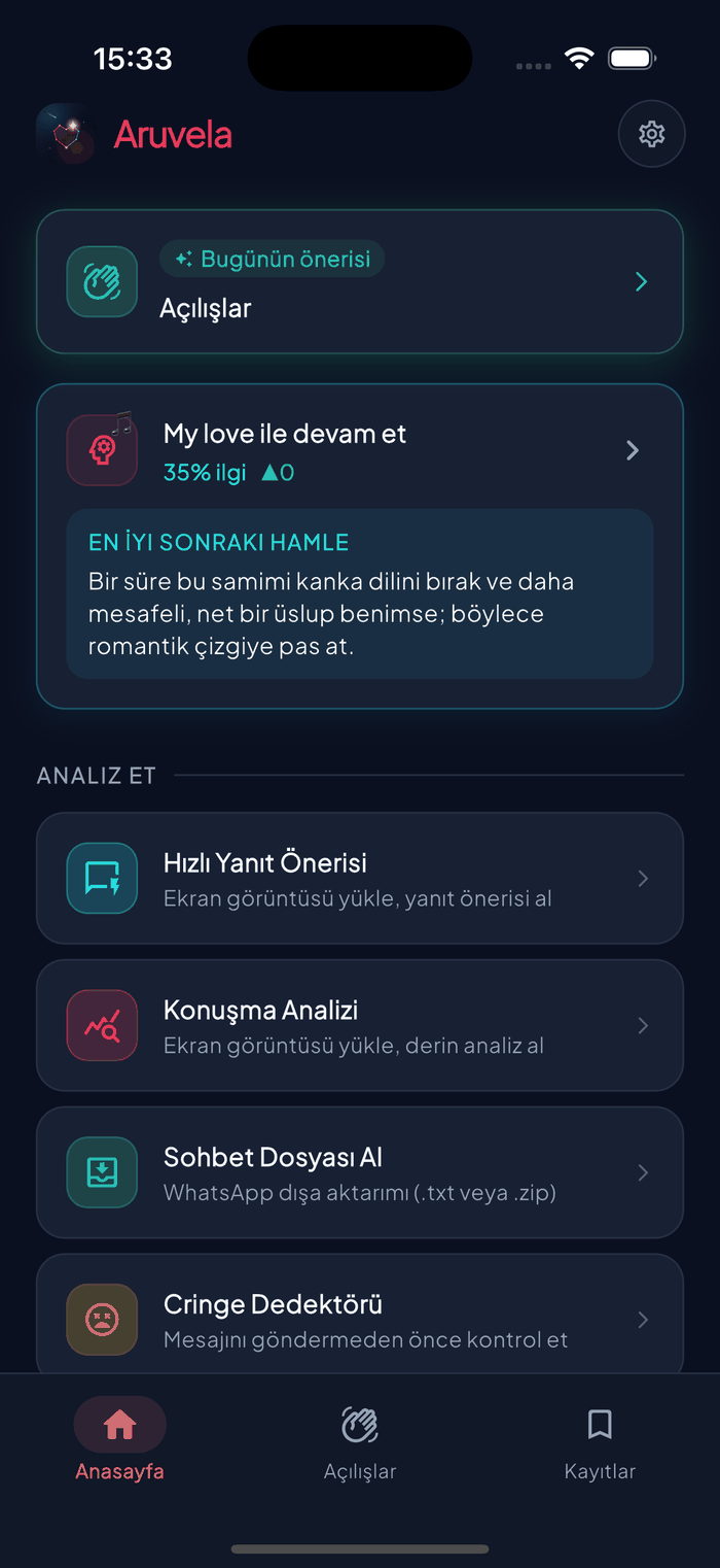 Hızlı Yanıt, Konuşma Analizi, Cringe Dedektörü ve Love Bombing Radarı araçlarını gösteren Aruvela ana ekranı