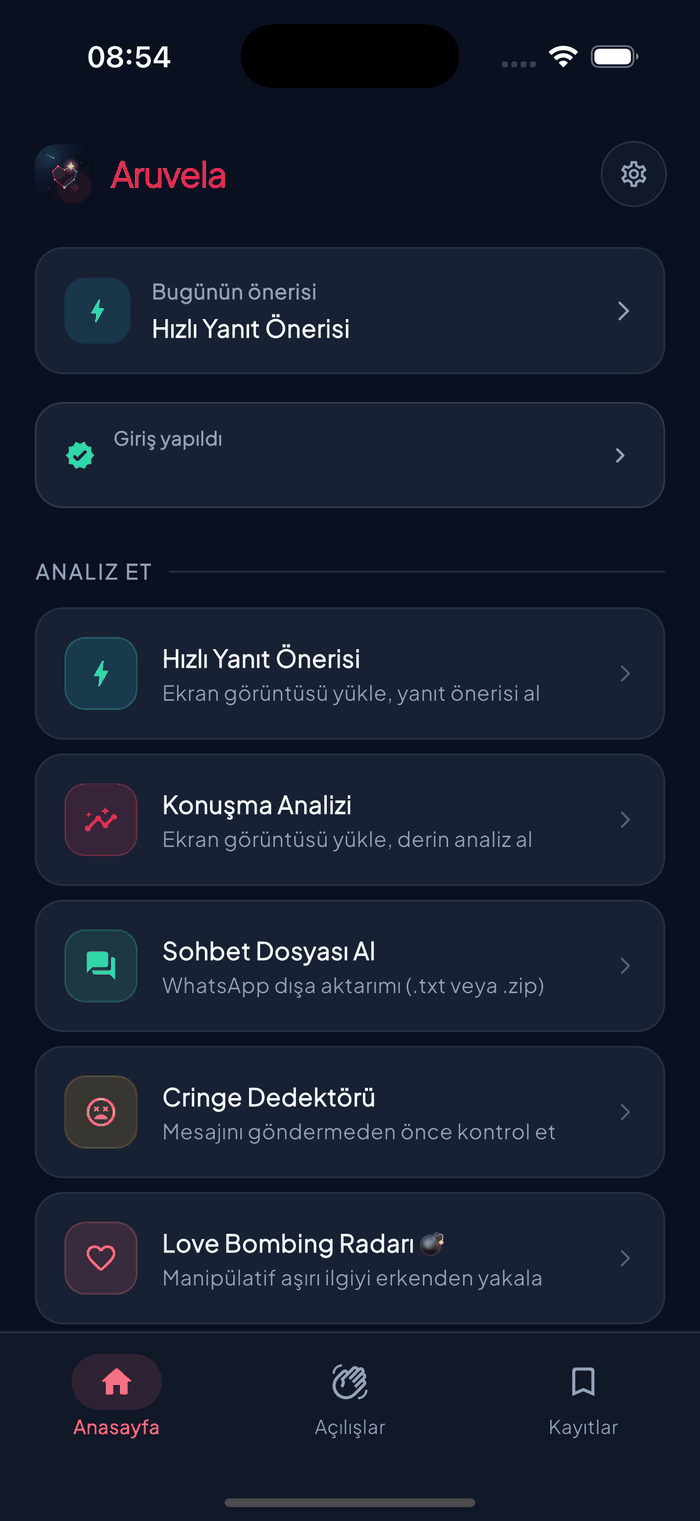 Aruvela app home screen with Quick Reply, Conversation Analysis, Cringe Detector, and Love Bombing Radar tools