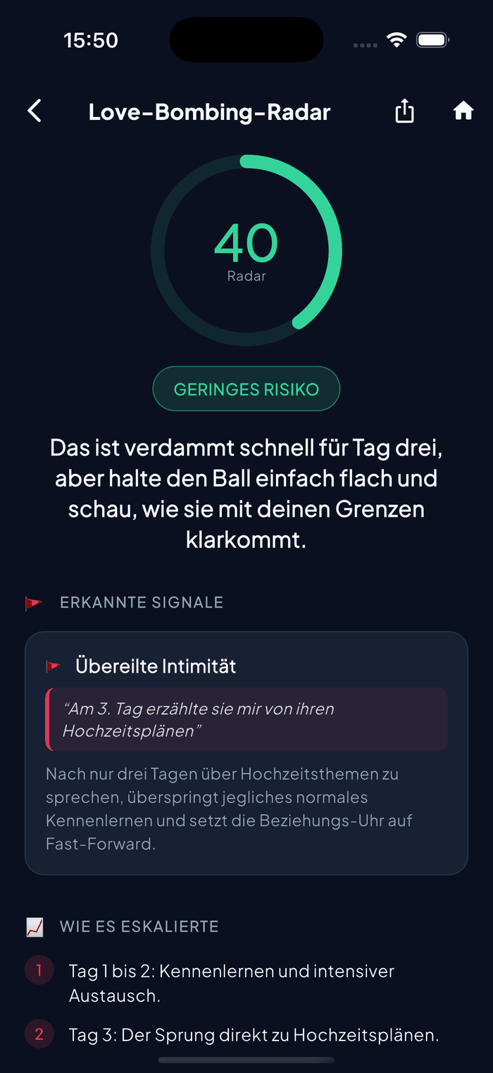 Aruvela Love-Bombing-Radar mit Risiko-Score und erkannten Manipulationstaktiken