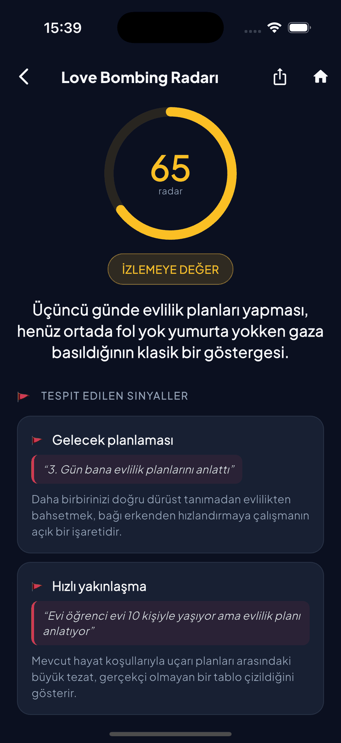 Risk puanını ve tespit edilen manipülasyon taktiklerini gösteren Aruvela Love Bombing Radarı