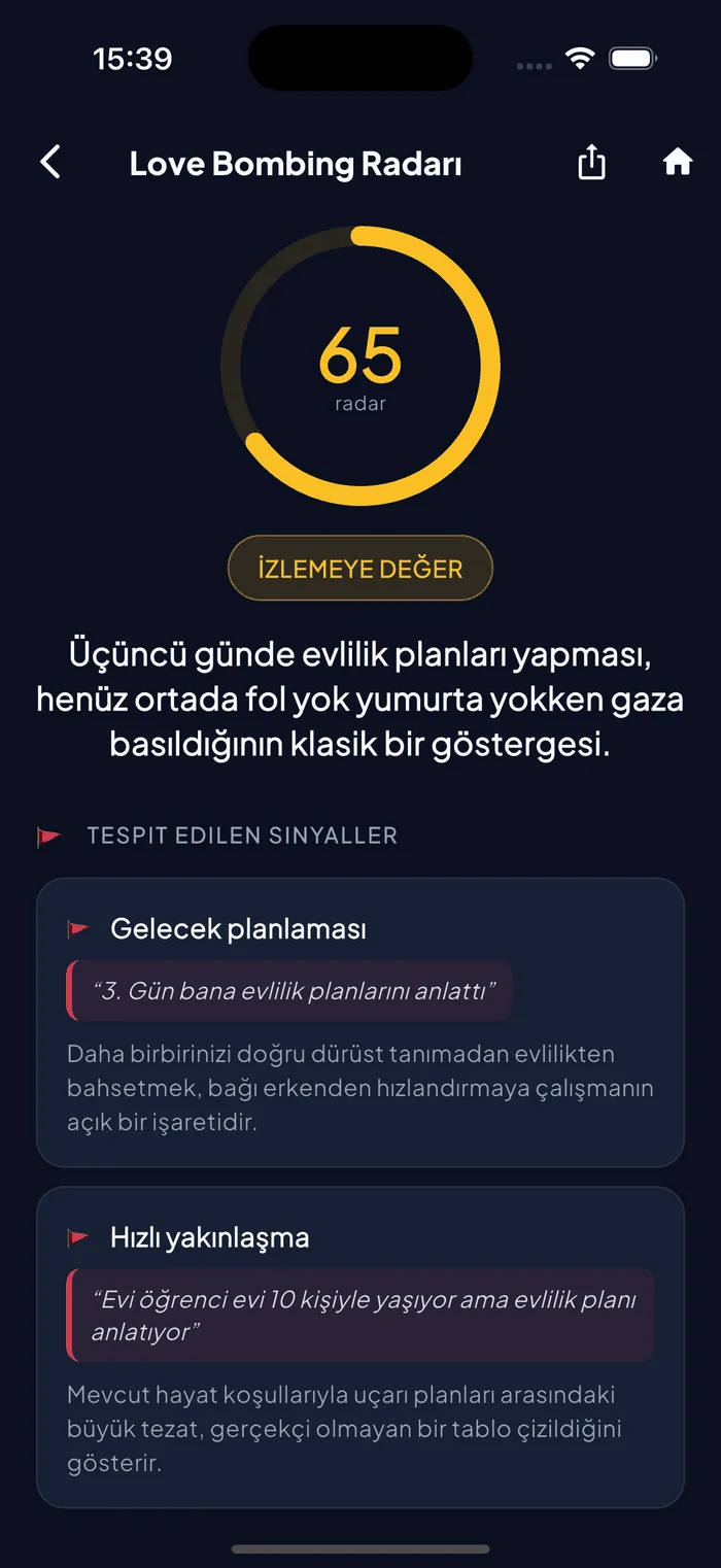 Risk puanını ve tespit edilen manipülasyon taktiklerini gösteren Aruvela Love Bombing Radarı