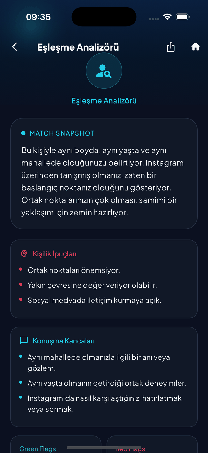 Aruvela Match Analyzer showing compatibility insights and conversation starters