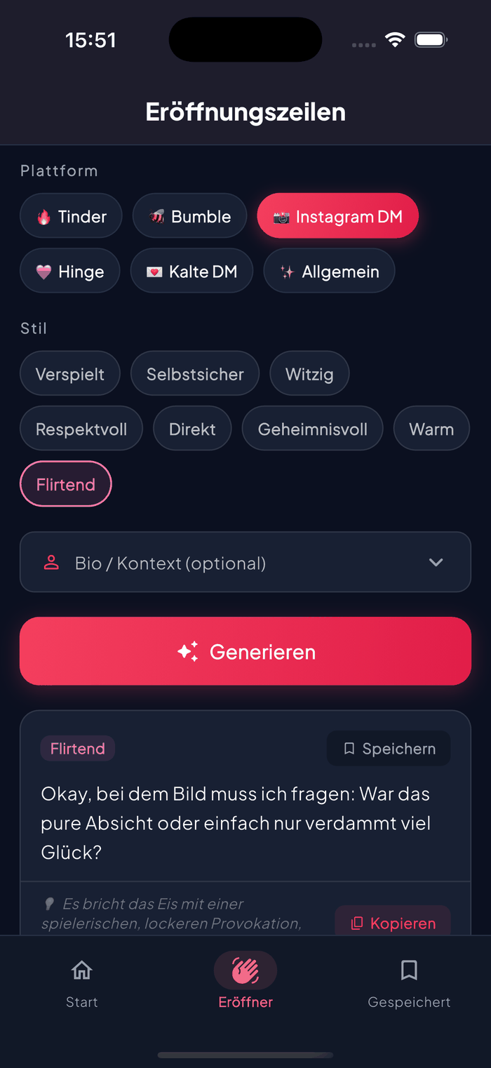 Aruvela Eröffnungszeilen-Bildschirm mit einem personalisierten ersten Nachrichtenvorschlag