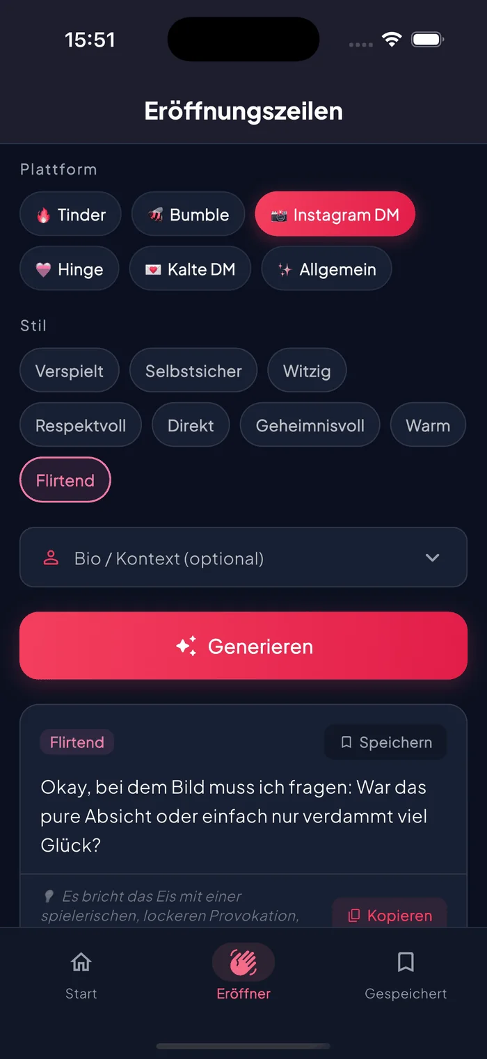 Aruvela Eröffnungszeilen-Bildschirm mit einem personalisierten ersten Nachrichtenvorschlag