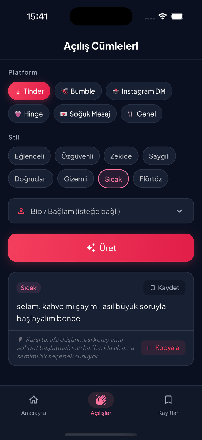 Kişiselleştirilmiş bir ilk mesaj önerisini gösteren Aruvela Açılış Cümleleri ekranı