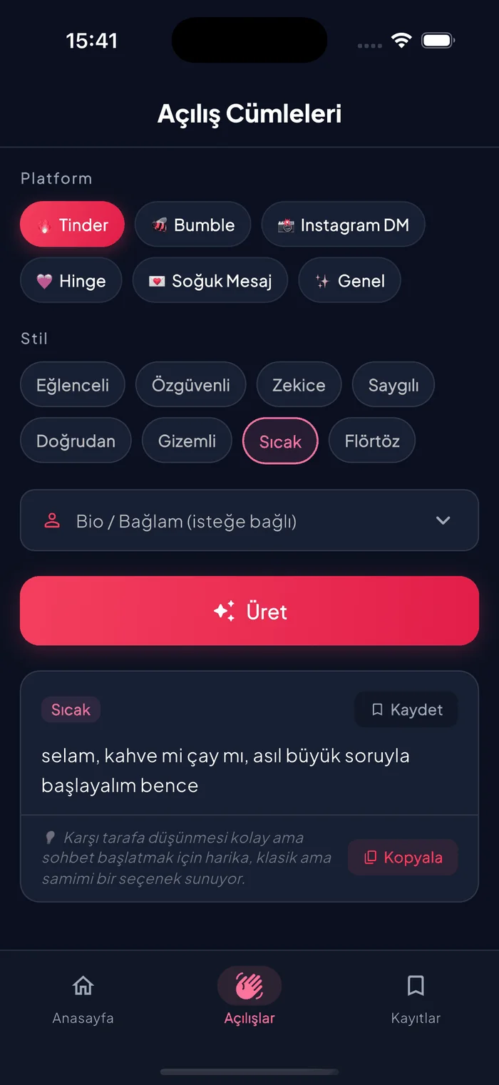 Kişiselleştirilmiş bir ilk mesaj önerisini gösteren Aruvela Açılış Cümleleri ekranı