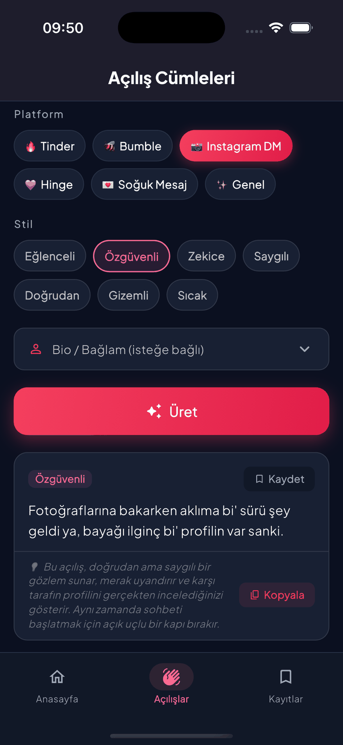Aruvela Opening Lines screen showing a personalized first message suggestion
