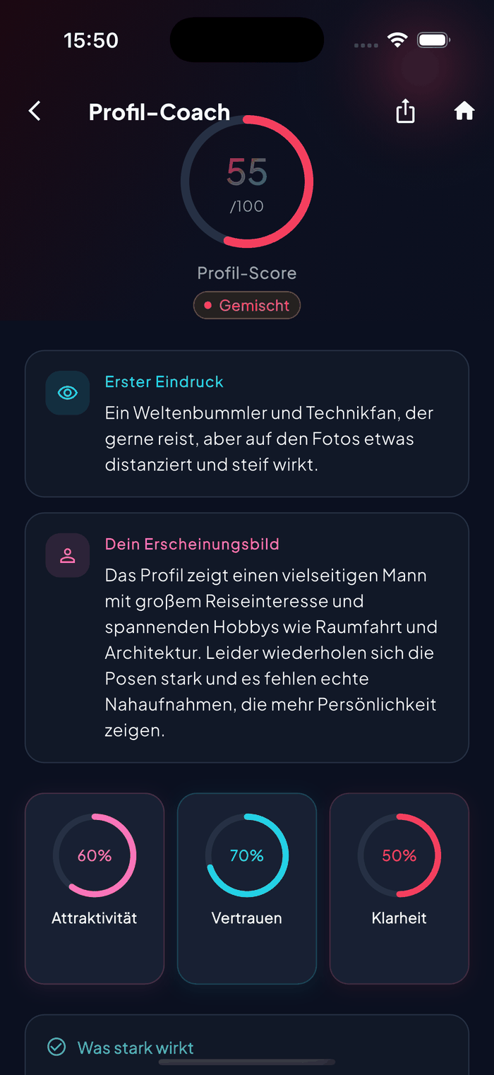 Aruvela Profil-Coach mit Profil-Score und Foto-Feedback