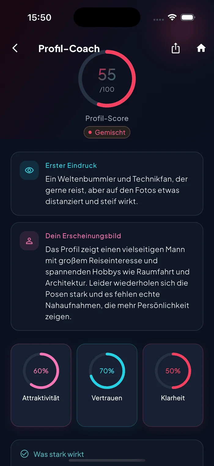 Aruvela Profil-Coach mit Profil-Score und Foto-Feedback