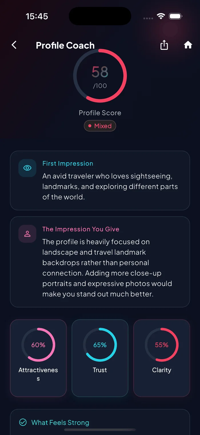 Aruvela Profile Coach showing a profile score and photo feedback
