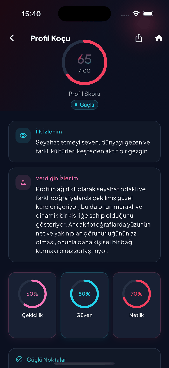 Profil puanını ve fotoğraf geri bildirimini gösteren Aruvela Profil Koçu