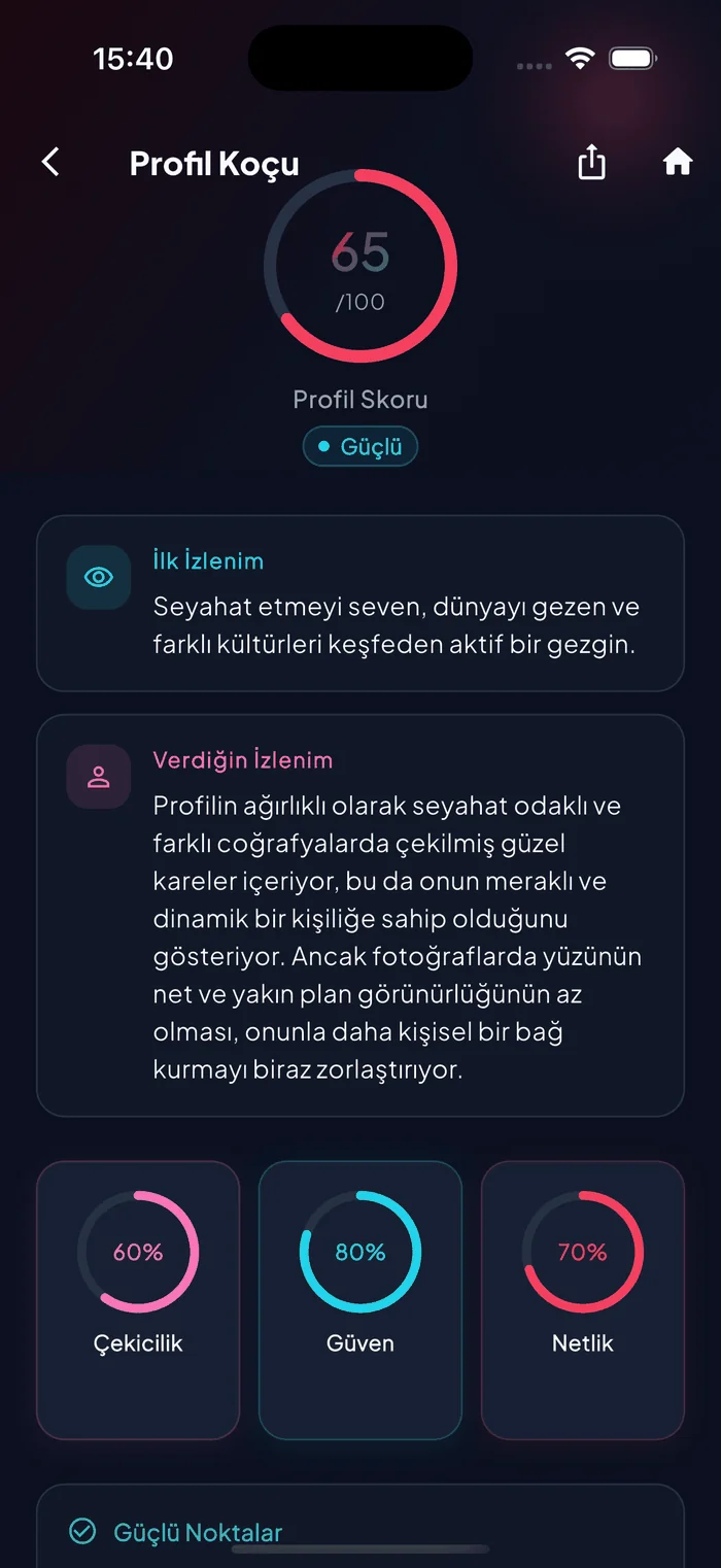 Profil puanını ve fotoğraf geri bildirimini gösteren Aruvela Profil Koçu