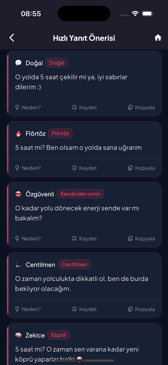Aruvela Quick Reply screen showing AI-generated replies in multiple tone styles