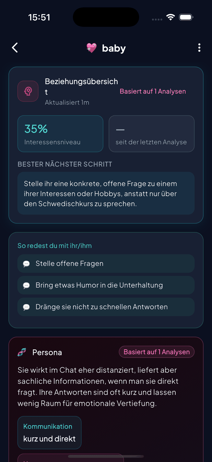 Aruvela Beziehungsgedächtnis mit einem von der KI erstellten Profil für einen gespeicherten Kontakt