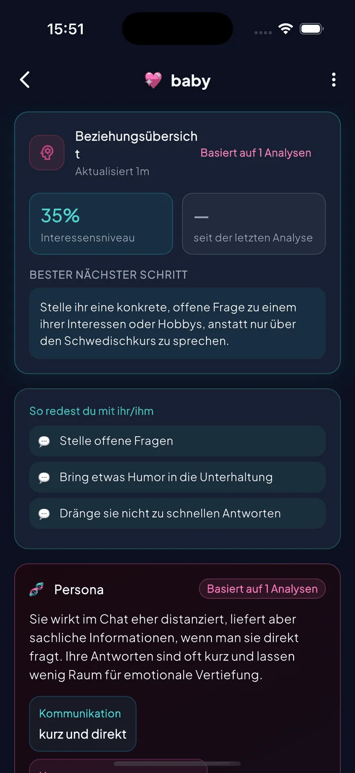 Aruvela Beziehungsgedächtnis mit einem von der KI erstellten Profil für einen gespeicherten Kontakt