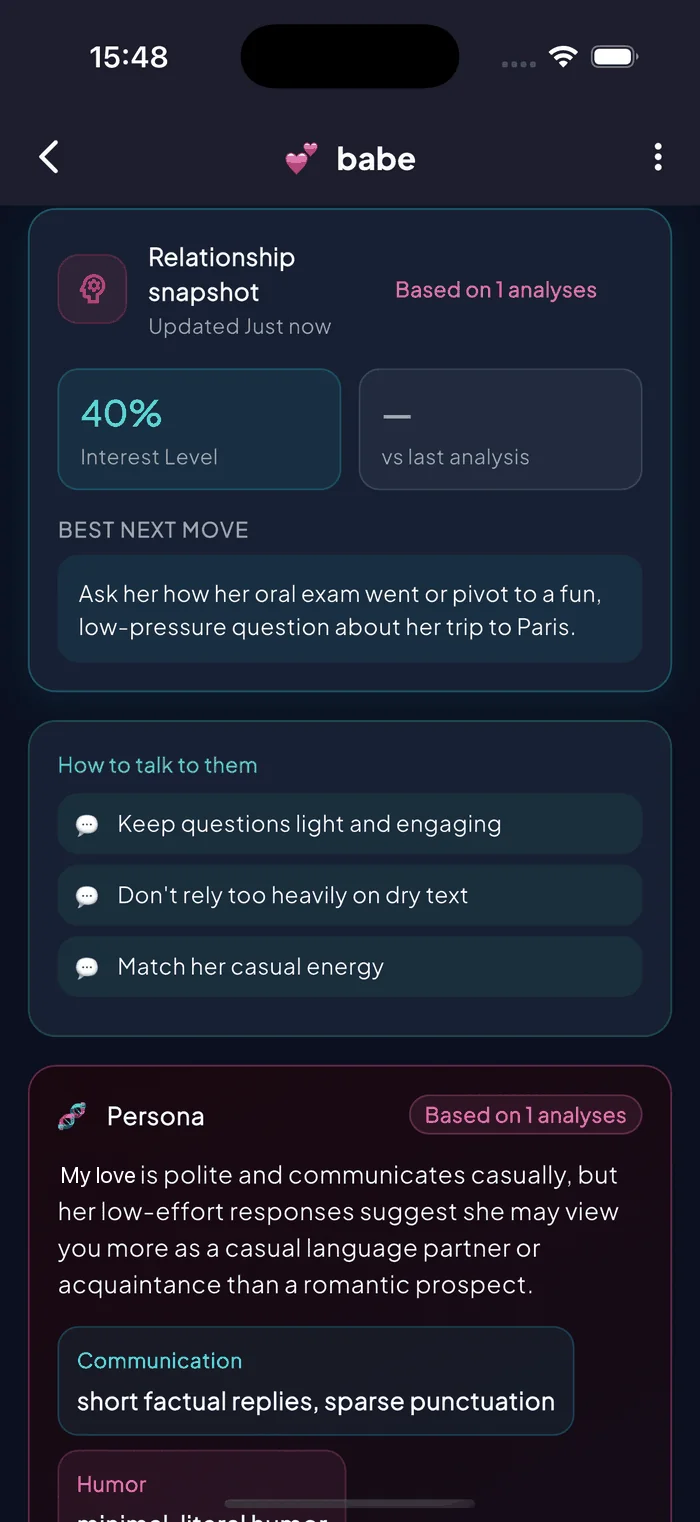 Aruvela Relationship Memory showing an AI-built persona for a saved contact