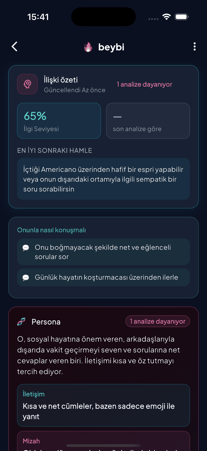 Kayıtlı bir kişi için yapay zeka tarafından oluşturulan bir persona gösteren Aruvela İlişki Hafızası