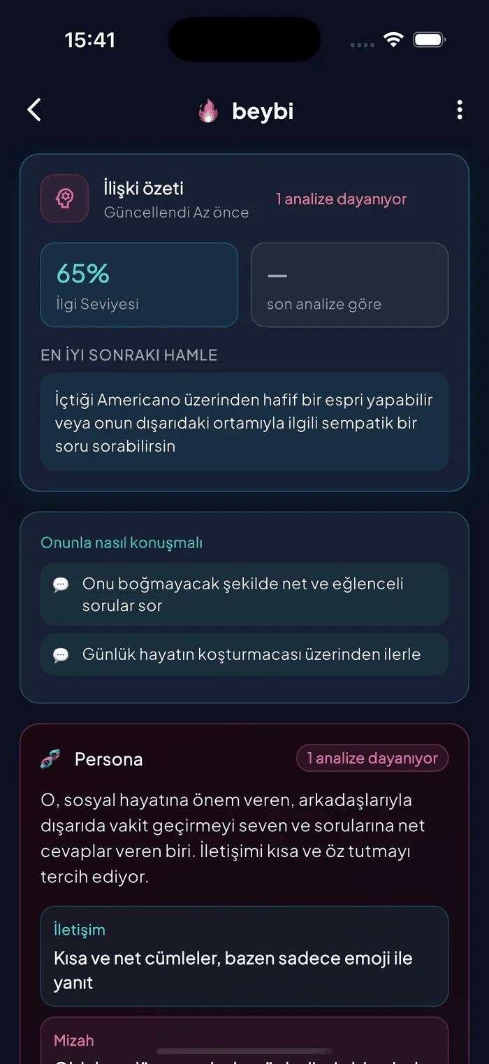 Kayıtlı bir kişi için yapay zeka tarafından oluşturulan bir persona gösteren Aruvela İlişki Hafızası